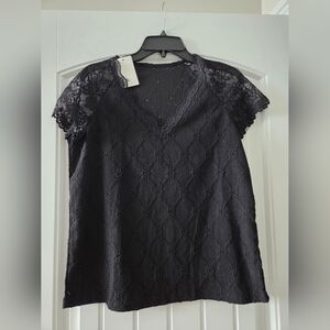 Black Lace Detail Short Sleeve Top